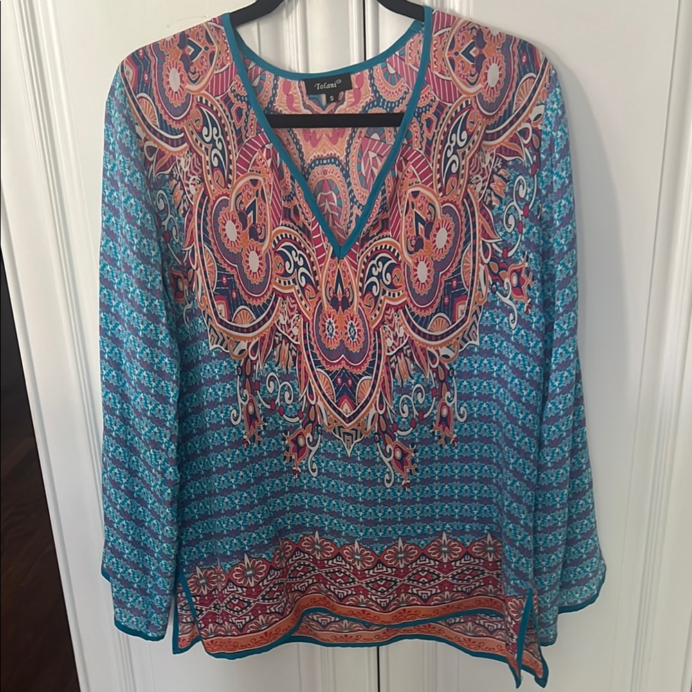 Tolani 100% silk Orange and Pink Graphic Blouse Relaxed Fit